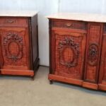 23DG63 - A pair of Louis XVI style cabinets with parquetry inlay and Marble tops.