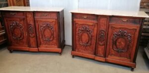 23DG63 - A pair of Louis XVI style cabinets with parquetry inlay and Marble tops.